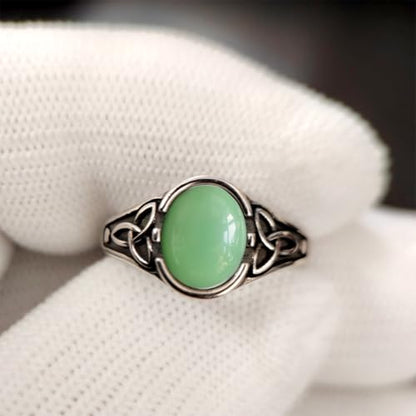 Viking Celt Knot Oval Natural Stone Ring,Retro S925 Sterling Silver Quartz Gemstone Ring,Punk Gothic Crystal Ring for Women - color: A05_Dongling Jade