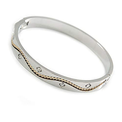Silver Plated Oval Bangle Bracelet with Clear Crystal Accent - 18cm L