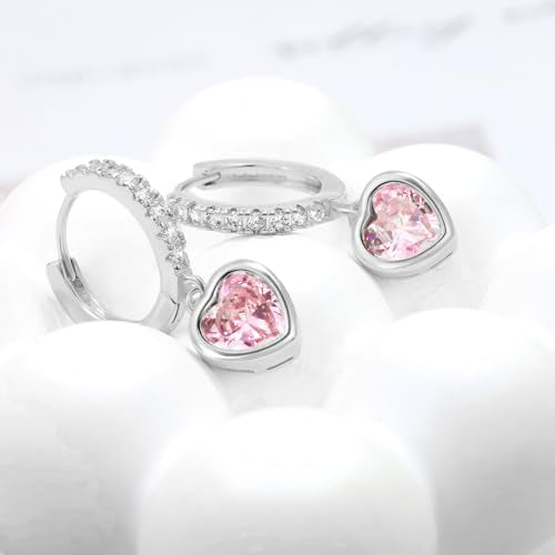Heart Hoop Earrings with Dangle Sterling Silver Love Heart-Shaped Loop Earrings for Women Hypoallergenic Sparkle Birthstone Cubic Zirconia Hoop Earring with Dangling Charms Dainty Fashion Jewelry Gift - color: Pink