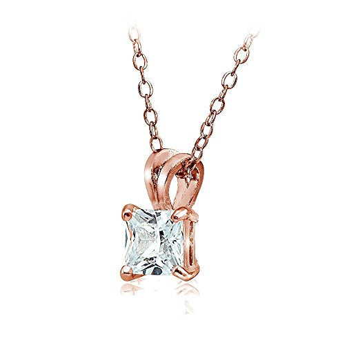 Hoops & Loops Sterling Silver, Yellow Gold Flash or Rose Gold Flash CZ Cubic Zirconia Square Solitaire Pendant Necklace - style: 8mm-Rose Flash Silver