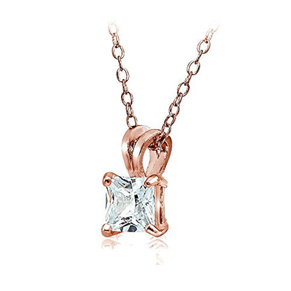 Hoops & Loops Sterling Silver, Yellow Gold Flash or Rose Gold Flash CZ Cubic Zirconia Square Solitaire Pendant Necklace - style: 8mm-Rose Flash Silver