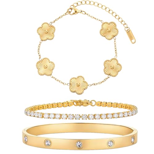 Gold Bracelet Stack,18K Gold Plated Clover Bracelet Love Gold Bangles Tennis Bracelet,3Pcs Gold Bracelets for Women Trendy Non Tarnish Gold jewelry for Women Gift - color: GOLD