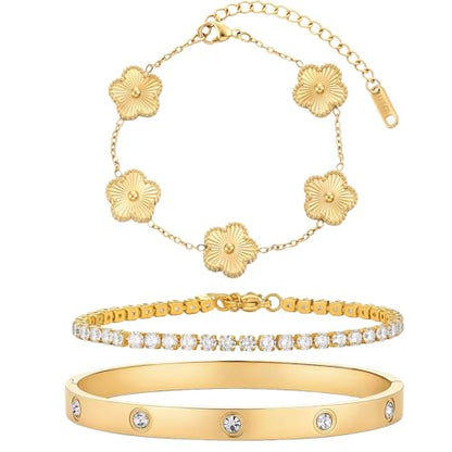 Gold Bracelet Stack,18K Gold Plated Clover Bracelet Love Gold Bangles Tennis Bracelet,3Pcs Gold Bracelets for Women Trendy Non Tarnish Gold jewelry for Women Gift - color: GOLD