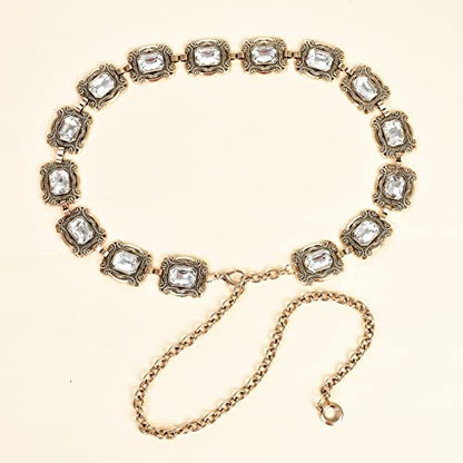 ILuvatar Green Glass Diamond Chain Belt - Metal Women's Western Style Dress Belt - color: Golden-u3