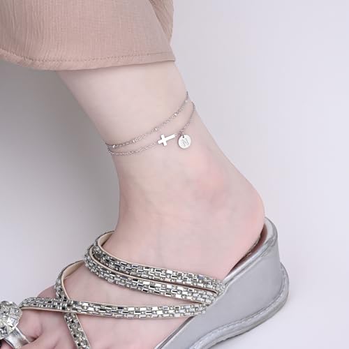 Gold Cross Ankle Bracelets for Women | Anklets for Women Waterproof with Initial Charm (A-Z) | Non Tarnish Summer Beach Jewelry Gifts for Her - color: Silver N