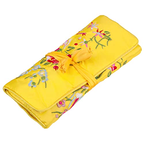 TUMBEELLUWA Embroidery Travel Jewelry Bag Roll Embroidered Flower and Bird Brocade Organizer with Tie Close - color: Yellow