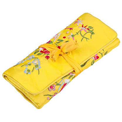 TUMBEELLUWA Embroidery Travel Jewelry Bag Roll Embroidered Flower and Bird Brocade Organizer with Tie Close - color: Yellow