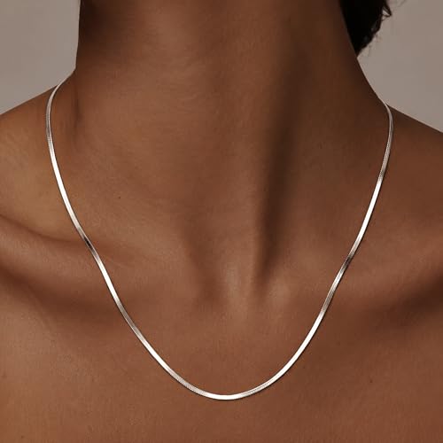 WomenGifts 14K Gold Silver Plated Herringbone Necklace for Women, Dainty Snake Chain Choker, Trendy Simple Long Layered Jewelry Non Tarnish, 3/4/5/8mm,14,16,18,20,22,24,26 Inch Thin & Chunky Options - color: Silver, style: 1.5mm-18inch