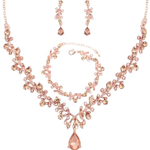 3Pcs Austrian Crystal Jewelry Set for Women, Necklace Dangle Earrings Link Bracelet Jewelry Set with Gold/Platinum/Gun Plated, Wedding Party Jewelry for Bridal Bridesmaid - color: Peach-Rose Plated