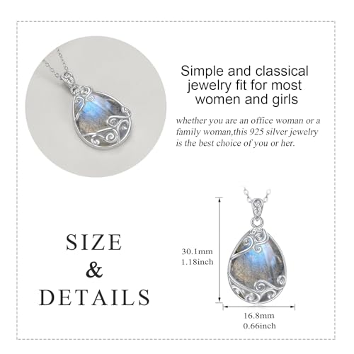 YAFEINI 925 Sterling Silver Moonstone Necklace Filigree Teardrop Pendant Necklace Jewelry for Women Girls - color: AA-Labradorite Filigree Necklace