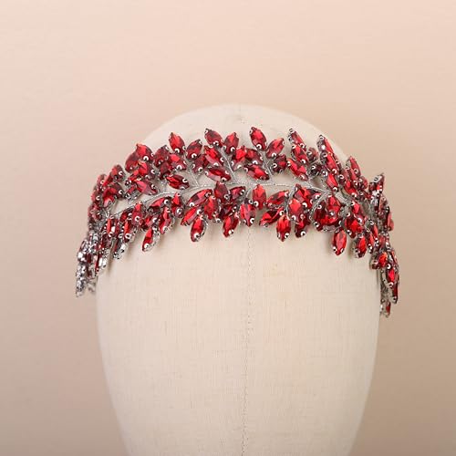 Missgrace Women Silver Green Black Red Blue Handmade Full Crystal Rhinestone Large Headband Hair Vine Shinny Headpiece Bridal Wedding Hair Accessories for Women (Silver red) - color: Silver red