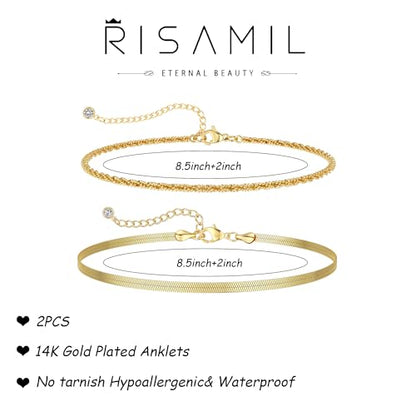 Risamil 14K Gold Plated Ankle Bracelets for Women, Anklets for Women Waterproof Layered Ankle Bracelets for Women Teen Girl Herringbone Anklet Set Summer Foot Jewelry Gifts - color: 2PCS-5