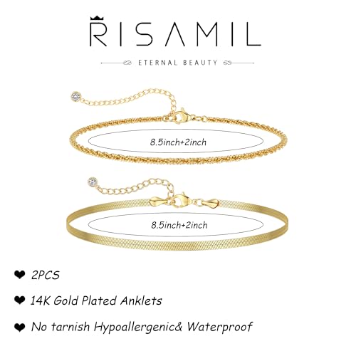 Risamil 14K Gold Plated Ankle Bracelets for Women, Anklets for Women Waterproof Layered Ankle Bracelets for Women Teen Girl Herringbone Anklet Set Summer Foot Jewelry Gifts - color: 2PCS-5