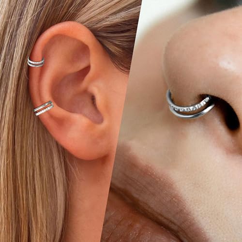 Cartilage Helix Conch Piercing Jewelry Gold Hoop Women Earrings | 2pcs, Huggie, Made of Stainless Steel, 14k Gold Plated, Hypoallergenic, Sparkly Cubic Zircon, Double Hoop design - color: Zircon Silver, size: 2pcs-16g-8/10mm