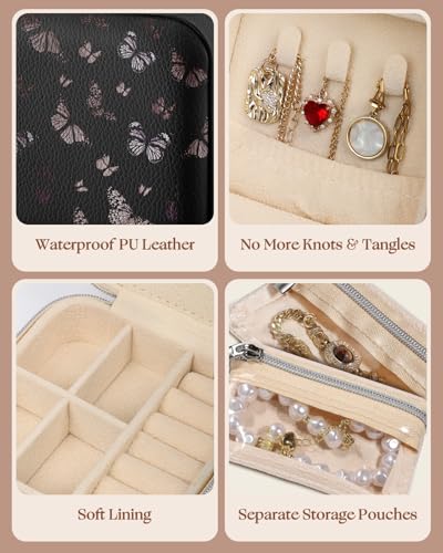 Bistup Travel Jewelry Case - Small Jewelry Organizers and Storage Box for Women Girls Teens Cute Traveling Jewelry Holder Mirror Little Tiny Compact Modern Unique Aesthetic Pretty, Black Butterfly - style: Black Butterfly