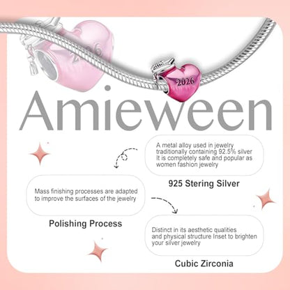 S925 Charms for Bracelets and Necklaces, Gifts for Mothers Nurses Day Graduation, for Girlfriend Family Friend, Bead Pendant, for Pandora, Silver 14K Gold Plated Enamel CZ, DIY Jewelry Making - style: 2026 Grad Pink Heart Charm