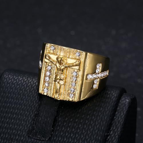 Christian Couple Signet Rings Set: Square Jesus (Men) & Oval Virgin Mary (Women), Stainless Steel Gold Plated with Side CZ Cross, Rhinestone Religious Rings - color: Jesus