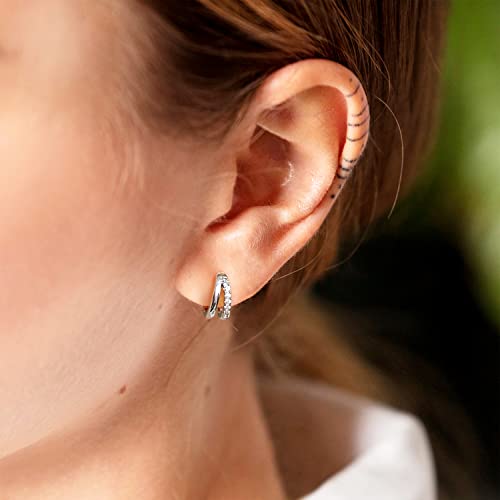 Me&Hz Gold Huggie Earrings Small Huggie Hoop Earrings for Women 14K Gold Plated Hypoallergenic Cubic Zirconia Huggies Mini Silver Hoop Earring for Women - color: Double Hoops,Silver