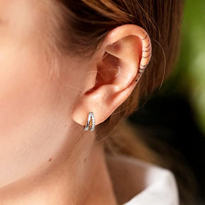 Me&Hz Gold Huggie Earrings Small Huggie Hoop Earrings for Women 14K Gold Plated Hypoallergenic Cubic Zirconia Huggies Mini Silver Hoop Earring for Women - color: Double Hoops,Silver
