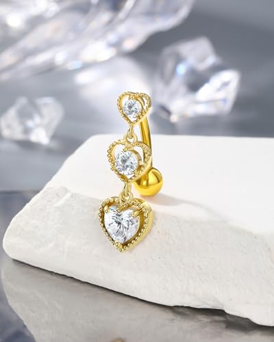 Triple Heart Dangle Belly Button Rings - 14G Reverse Navel Rings Dangly Cute Belly Piercing Jewelry - Stainless Steel - color: Yellow Gold