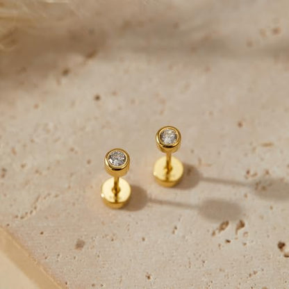 CHIC & ARTSY 18K Gold Plated Solid 925 Sterling Silver Flat Back Earrings for Women Multiple Piercings Screw Back Earrings Cartilage Hypoallergenic Jewelry - style: 925 Silver Flat Back #07