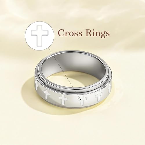 Fidget Anxiety Spinner Rings for Women | 14K Gold Silver Plated, 8mm Thick Stainless Steel Band Ring, Statement Cross Flower Spinning Rings, Jewelry Gifts, Size 6-10 - color: Silver-Cross
