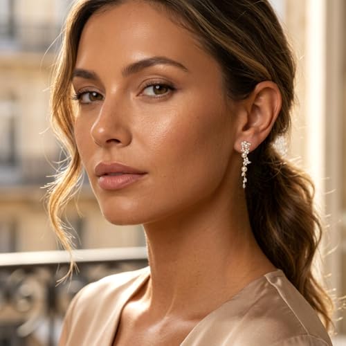 Sonateomber Gold Silver Pearl Rhinestone Dangle Earrings for Women, Elegant CZ Leaf Butterfly Bridal Earings Prom Wedding Fashion Jewelry Gift - color: Gold
