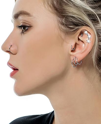 Tornito 9-30Pcs Cartilage CZ Stud Earrings Conch Forward Helix Tragus Daith Piercing Lip Rings Snake Heart Butterfly Jewelry for Women Men 16G Silver Gold Tone - color: C1:19PCS, Silver Tone
