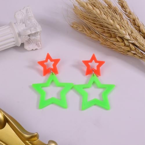 Colorful 80s 90s Neon Star Earrings for Women Retro Glow Party Costume 80s 90s Acrylic Dangle Earrings Outfit - style: Symmetrical Orange and Green