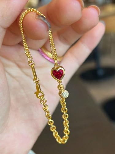 Gold Chain Hand Charm Heart Bracelet For Women Dainty Red Gemstone Charm Double Chain Bracelet Hypoallergenic Trendy Fashion Jewelry for Daily Wear