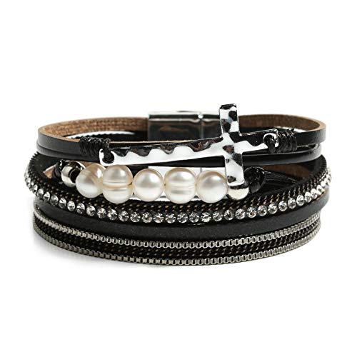 Vercret Leather Wrap Bracelet for Women, Multi-Layer Cuff Bangle | Boho Stacked Bracelets with Safe Clasp Western Bangle Jewelry Gift for Lady and Mom Sister Friend - style: Pearl Cross Black