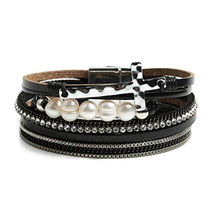 Vercret Leather Wrap Bracelet for Women, Multi-Layer Cuff Bangle | Boho Stacked Bracelets with Safe Clasp Western Bangle Jewelry Gift for Lady and Mom Sister Friend - style: Pearl Cross Black
