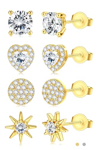SAILIMUE Hypoallergenic Sterling Silver Stud Earrings for Women Men | Brilliant Heart Knot Round Cubic Zirconia Earring Studs for Sensitive Ears Gold Silver Tone - color: gold-A