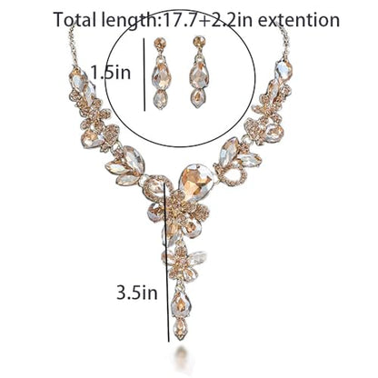 Rhinestone Crystal Bridal Necklace Floarl Art Deco Teardrop Collar Necklace Dangle Earrings Jewelry Set for Women - color: Champagne