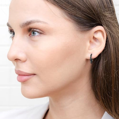 Hoops & Loops 925 Sterling Silver Twisted Hoop Earrings for Women - Hypoallergenic 14K Gold, Rose Gold, Black Flash Plated 2mm Thin Twist Design Round Click-Top Hoops, 15/20/25/30/35/40/50/60mm - color: Black-15mm (0.59 inch)