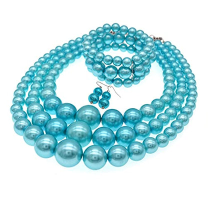 Big Chunky Pearl Necklace and Earrings Set Large Costume 1920s Faux Pearls Gatsby Accessories - color: A-Light Blue
