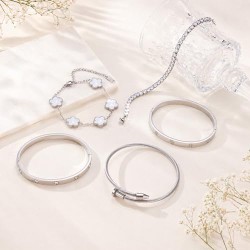 18K Gold Plated Love Bangle Bracelet Stack for Women, Adjustable Clover Bracelet & CZ Tennis Chain Set, Stackable Layered Jewelry, Fade Resistant, Long-Lasting Luster for Daily Wear & Gift - color: 5Pcs Silver White