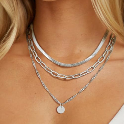 Layered Necklaces for Women,14k Gold Plated Dainty Necklace Stack Set Non Tarnish Adjustable Silver Stainless Steel CZ Heart Circle Pendant Paperclip Choker Herringbone Snake Chain Jewelry - style: Circle Layered Necklace-Silver