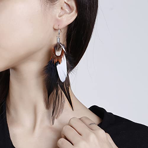 Bohemian Pheasant Peacock Long Feathers Statement Earrings Handmade Natural Lightweight Feather Dangle Earrings for Women (ea000071) - color: Black&White