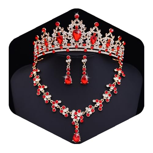 Crystal Crown and Tiara Jewelry Set for Women Bride with Necklace Earrings | Metal Rhinestone Royal Queen Princess Jewelry Set Wedding Quinceanera Pageant Prom Birthday Halloween Party Costume Gift - color: Red