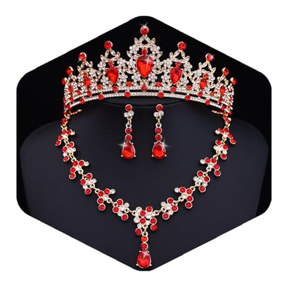 Crystal Crown and Tiara Jewelry Set for Women Bride with Necklace Earrings | Metal Rhinestone Royal Queen Princess Jewelry Set Wedding Quinceanera Pageant Prom Birthday Halloween Party Costume Gift - color: Red