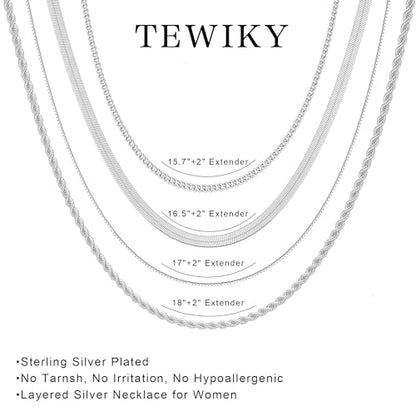 Tewiky Layered Necklaces for Women 14k Gold Plated Chain Necklace Set | Chunky Herringbone/Snake/Rope/Box/Cuban Link Chain for Women, Layering Stack Choker Necklace, Dainty Jewelry Set Non Tarnish - color: 4 Layered Necklace Silver