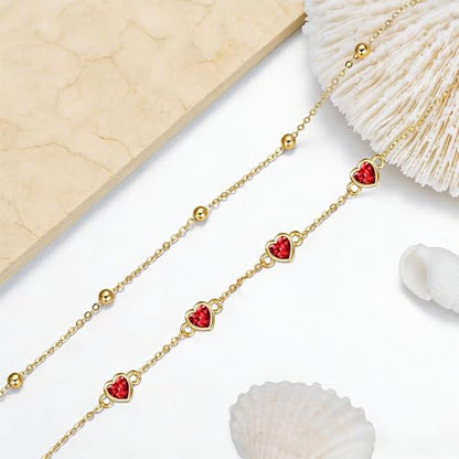 Midari 18K Yellow Gold Gemstone Birthstone Anklet Bracelet Heart Jewelry with 12 Months Birthstone Birthday Gifts for Women Wife Her Daughter Mom - color: 01-Jan-Garnet, size: Bracelet 7"-9"