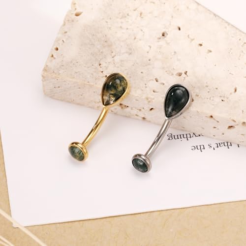 PEAKLINK G23 Titanium Eyebrow Ring 16G Rook Daith Tragus Helix Piercing Internal Threaded Curved Barbell Vertical Labret Lip Jewelry Small Belly Button Ring - color: Silver with Moss Agate