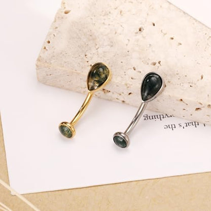 PEAKLINK G23 Titanium Eyebrow Ring 16G Rook Daith Tragus Helix Piercing Internal Threaded Curved Barbell Vertical Labret Lip Jewelry Small Belly Button Ring - color: Silver with Moss Agate