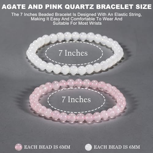2PCS Agate Bracelet for Women Men Natural Round Beaded Agates Stone Healing Stretch Bracelets Elastic Handmade Polished Gemstone Beads Bracelet - color: White+Pink Quartz, size: 6mm Beads