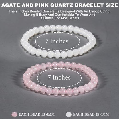 2PCS Agate Bracelet for Women Men Natural Round Beaded Agates Stone Healing Stretch Bracelets Elastic Handmade Polished Gemstone Beads Bracelet - color: White+Pink Quartz, size: 6mm Beads