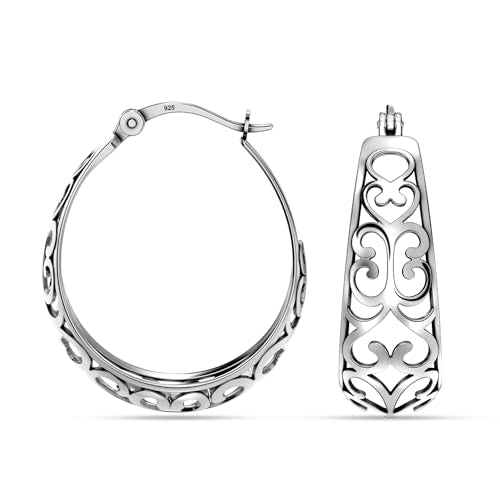 LeCalla 925 Sterling Silver Chunky Hoop Earrings | Filigree Heart Hoop Earrings for Women | Oval & Round Mesh Filigree Click-Top Hoops Earring | Hypoallergenic Earrings for Women - color: Antique Oval Filigree 24MM