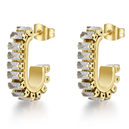 Green Crystal huggie gold hoop earrings for women Girls,14K Gold Plated with 925 Sterling Silver Post color Cubic Zirconia dainty cute Earrings| CZ Stud Earring - color: White stone