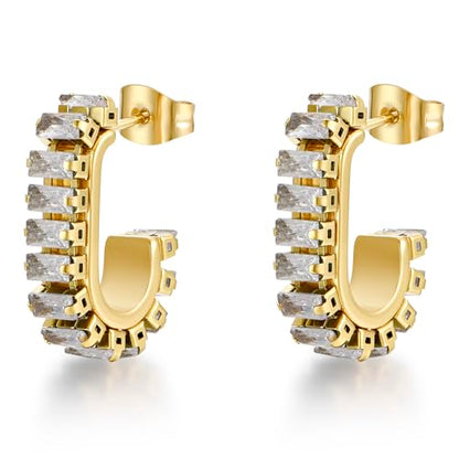 Green Crystal huggie gold hoop earrings for women Girls,14K Gold Plated with 925 Sterling Silver Post color Cubic Zirconia dainty cute Earrings| CZ Stud Earring - color: White stone